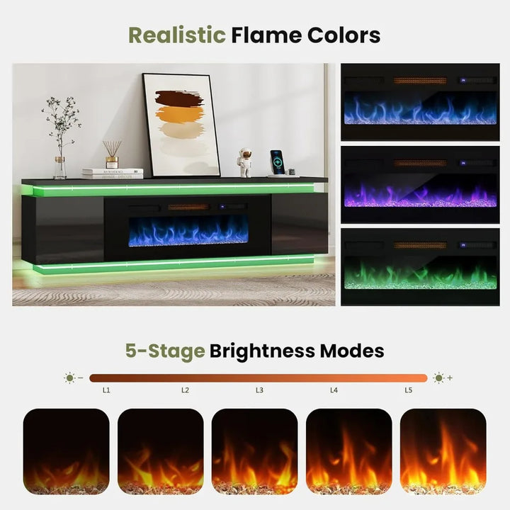Fireplace TV-Stand for 85 inch TVs - TV-Stand with 40" Fireplace - Entertainment Center with 2 RGB LED Lights and 4 AC Power