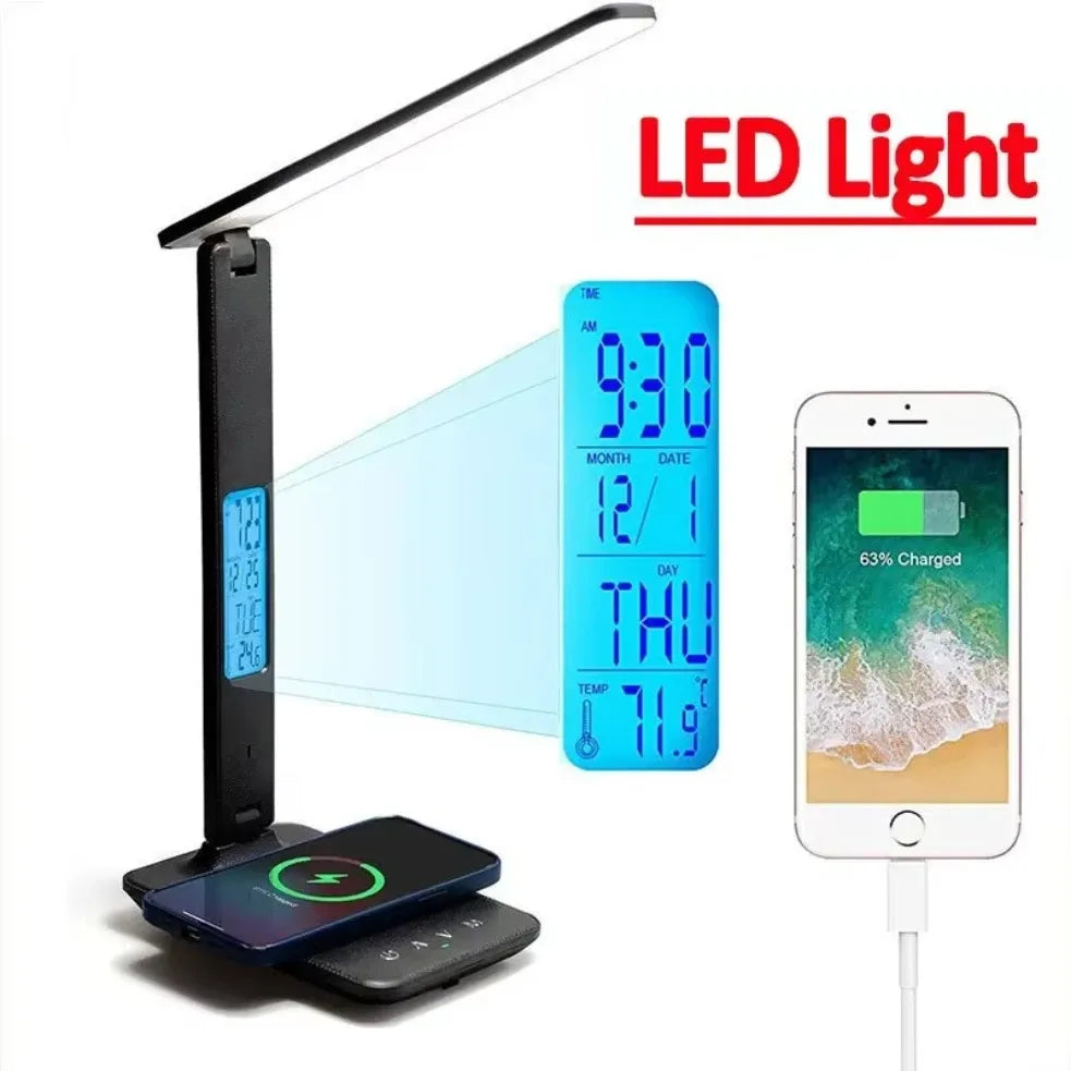 Wireless Charger Pad USB Fast Charging Station LED Desk Lamp Temperature Alarm Clock Eye Protect Study Business Light Table Lamp