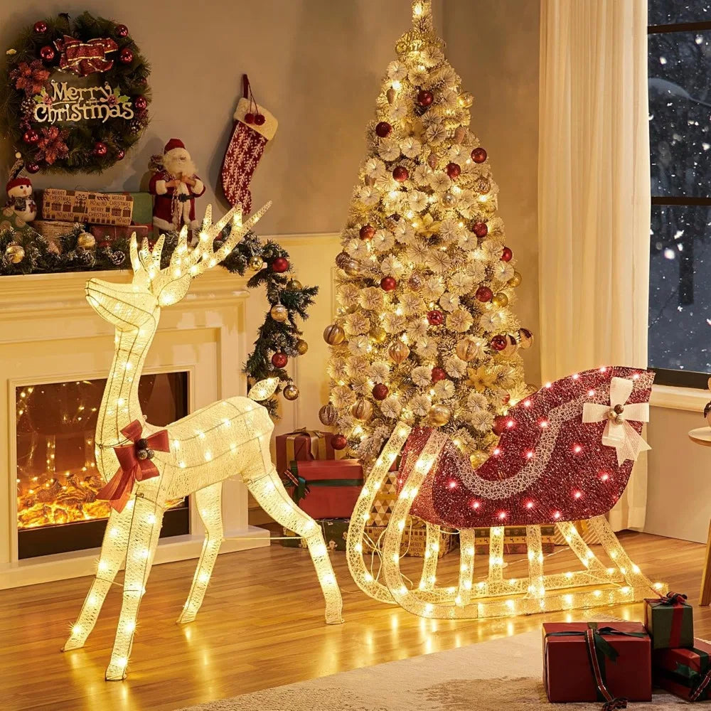 Yaheetech Pre-lit Reindeer & Sleigh Set, 4ft Light-up Christmas Decorations Set w/ 360 LED Lights/Stakes/ZipTies for Outdoor/Ind