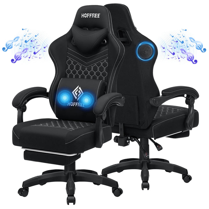 Breathable Gaming Chair With Lumbar Cushion Bluetooth Speaker Dual Function Point Massage Height Adjustable Office Computer Chai
