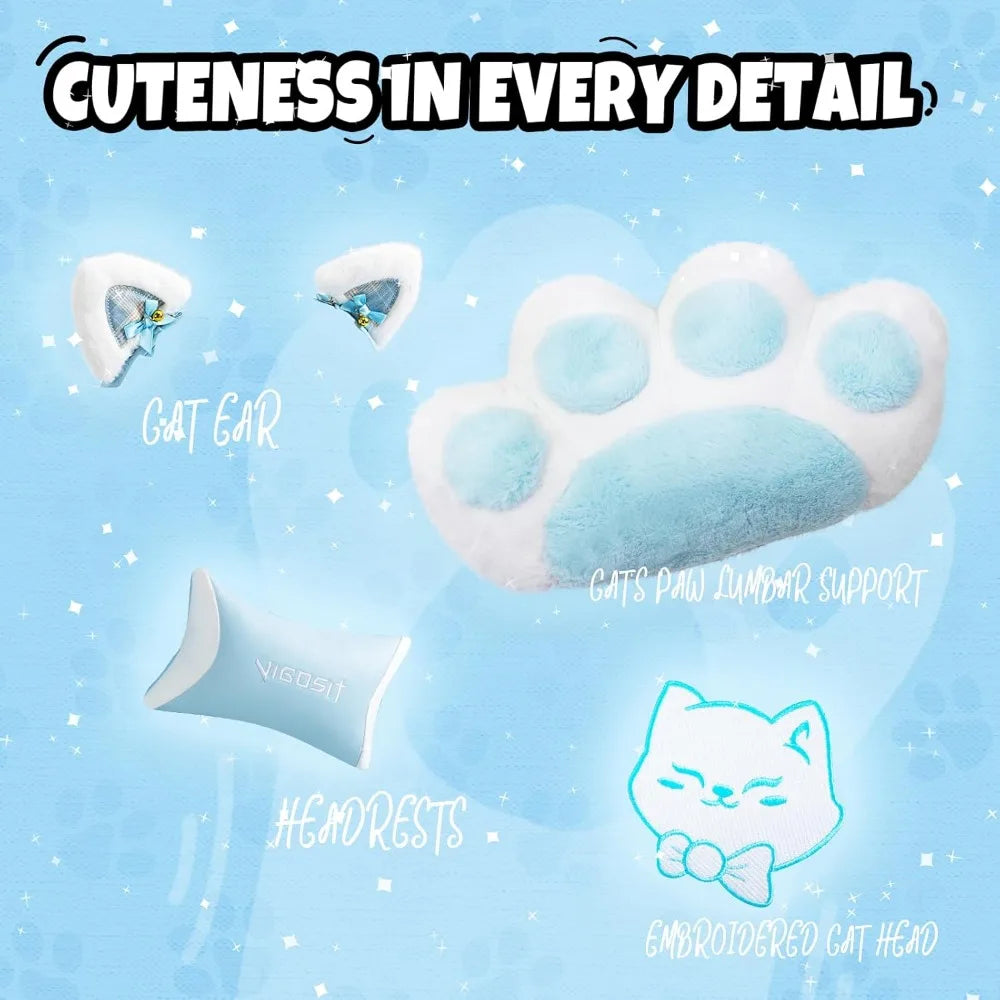 Cute Gaming Chair with Cat Paw Lumbar Cushion and Cat Ears, Ergonomic Computer Chair with Footrest, Reclining PC Game Chair for