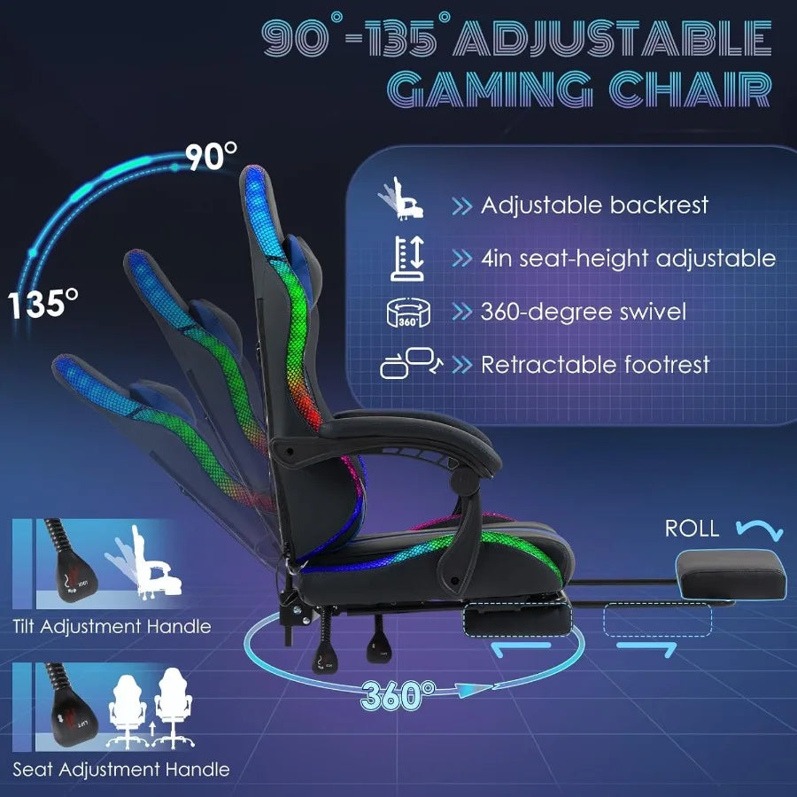 Massage Gaming Chair Video Game Chair with LED Lights Ergonomic Computer Chair with Footrest and Lumbar Support High Back Offic
