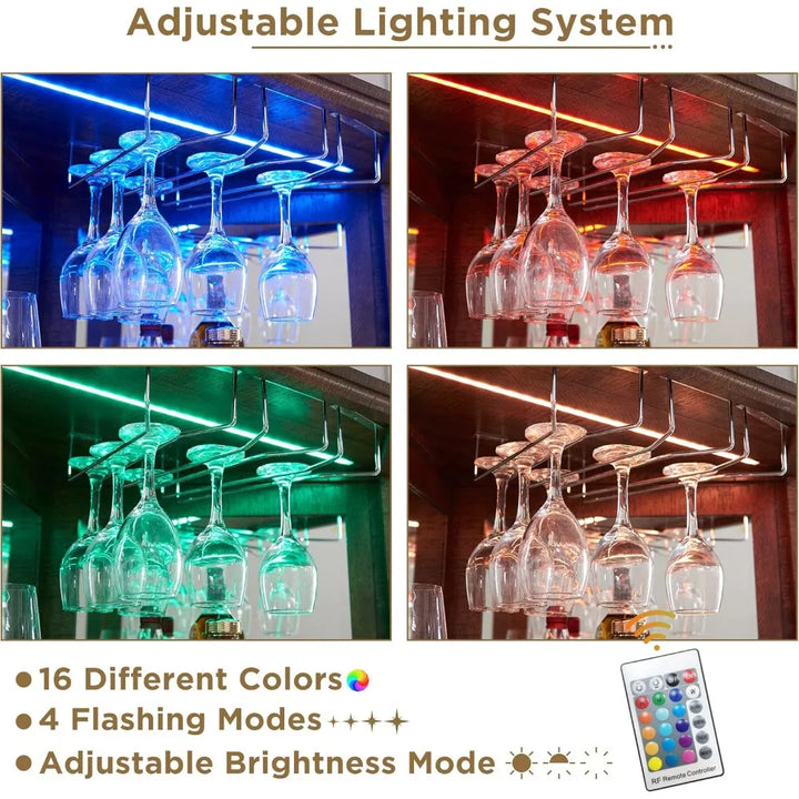 corner bar storage cabinet, 72" tall farmhouse wine cabinet w/barn door & adjustable shelf, home bar w/led light & glass rack f