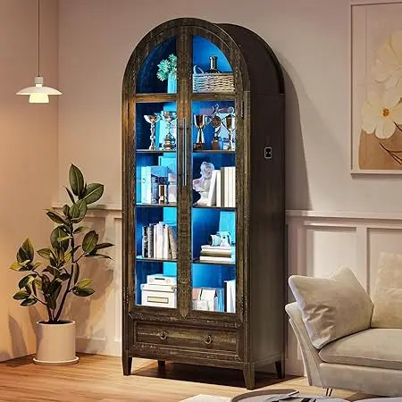 Tall Arched Display Cabinet with Lights, 71" Bookcase with Adjustable Shelves, Modern Storage Organizers with Glass Door, Kitch