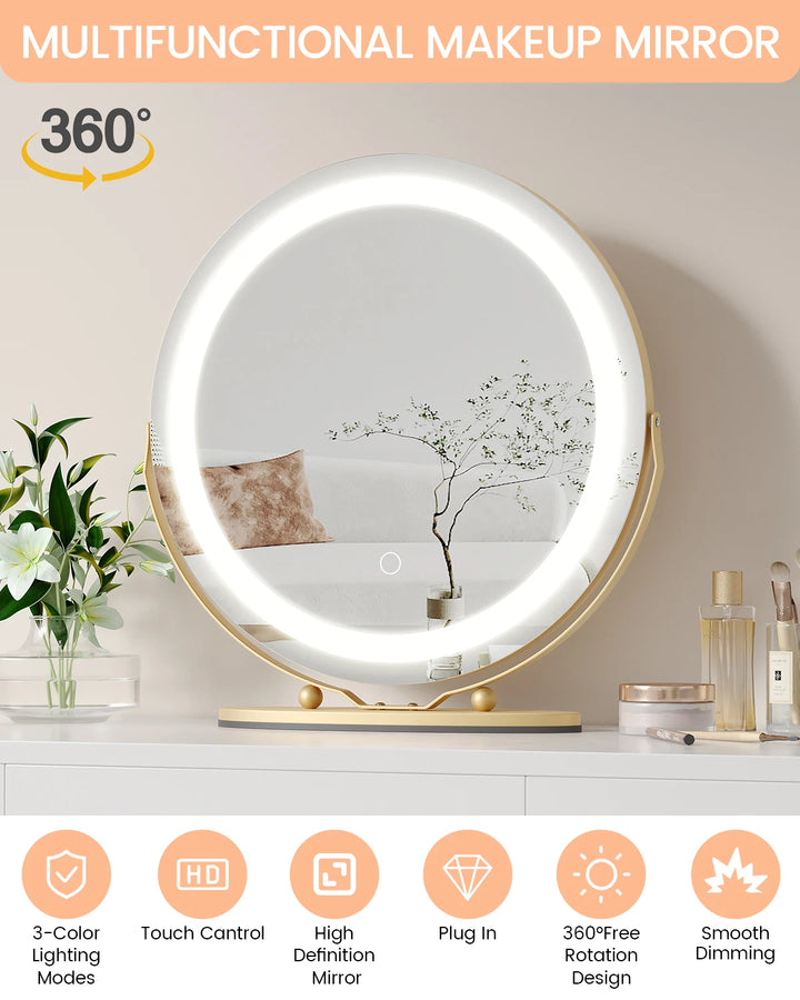 19 Inch Large Round Vanity Mirror with Lights LED Makeup Mirror Touch Control 3 Colors Lighting Dimmable for Bedroom Tabletop