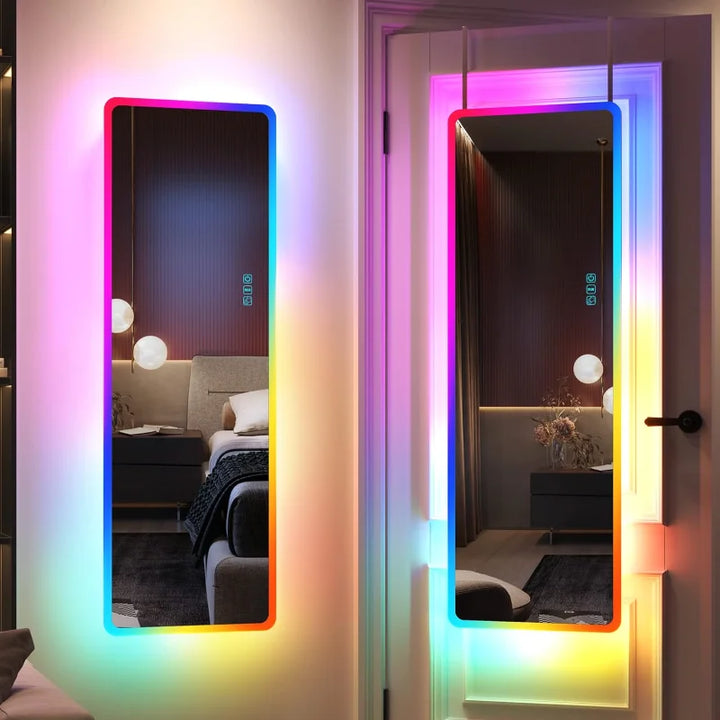 LED RGB Full Length Mirror, Full Body Mirror with Lights, Wall Mounted Lighted Mirror, Over The Door Hanging Mirror, 14 L