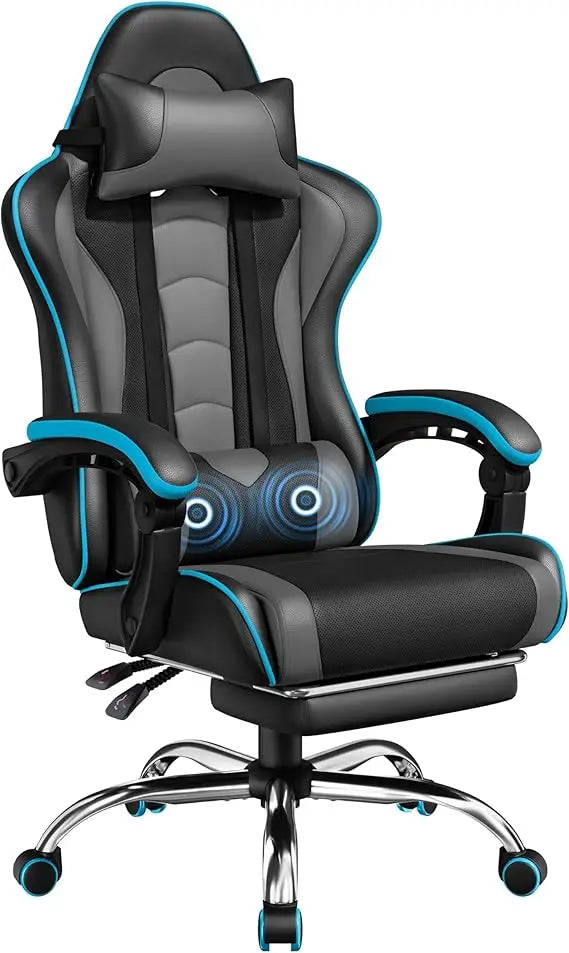 Gaming Chair, Video Game Chair with Massage Lumbar Support and Footrest Height Adjustable Ergonomic Computer Chair with Swivel
