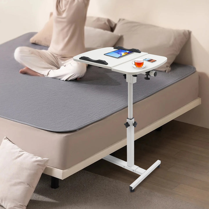 Height Adjustable White Computer Desk Stand with Wheels Adjustable Rolling Laptop Table Suitable for Bedroom, Living Room, Study