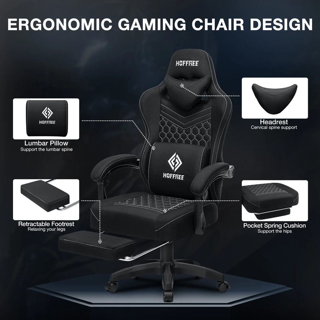 Breathable Gaming Chair With Lumbar Cushion Bluetooth Speaker Dual Function Point Massage Height Adjustable Office Computer Chai