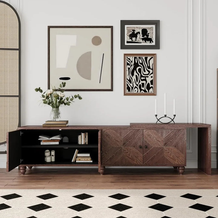 Entertainment Center with Storage Extendable TV Cabinet with Adjustable Shelves Lacquered and Real Wood Veneered TV Console Tabl