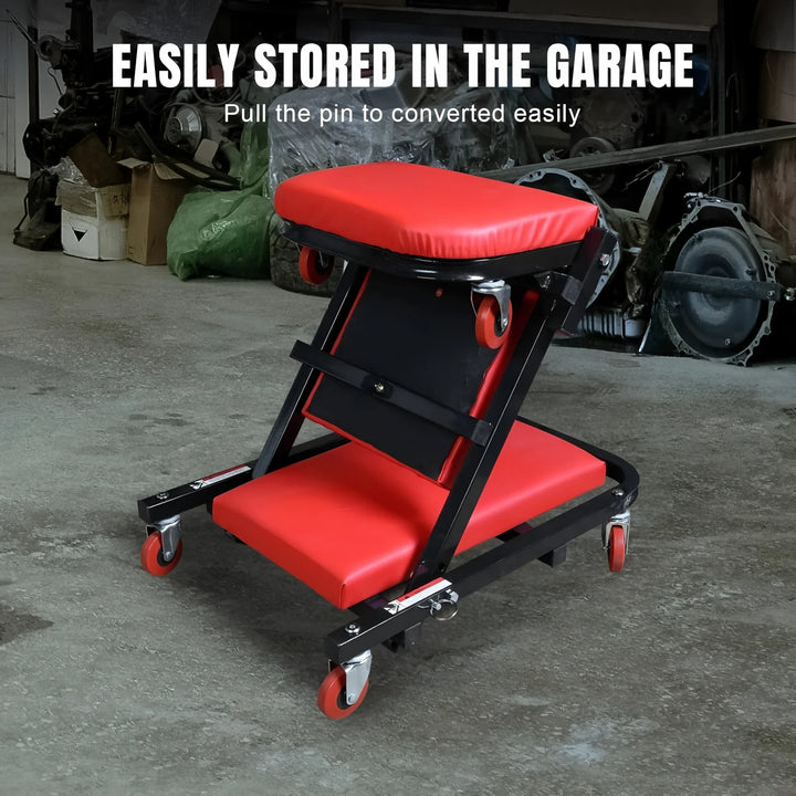 300 Lbs Capacity Z - Creeper Seat: 36" 2 - in - 1 Black Foldable Low - Profile Garage Chair with 6 Wheels - Ideal for Mechanics