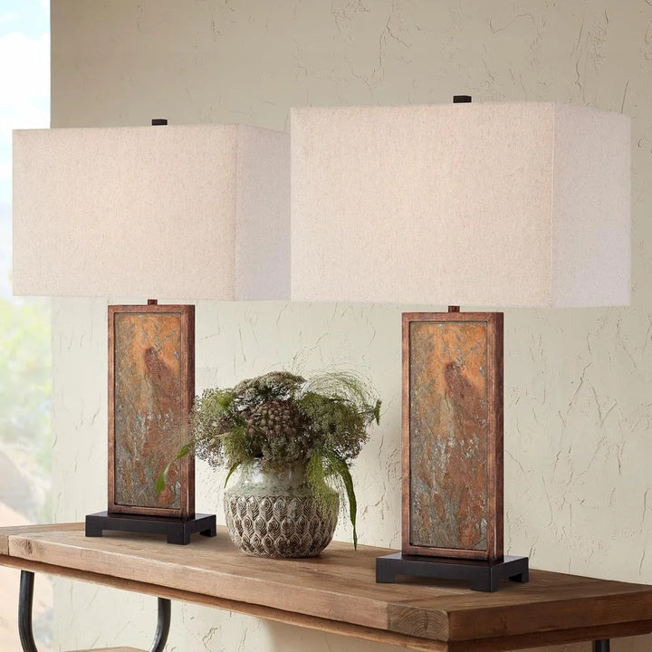 Nightstand, Modern Rustic Style Table Lamps 30" Tall Set of 2 Natural Slate Stone Dark Bronze Rectangular Box Shade Decor