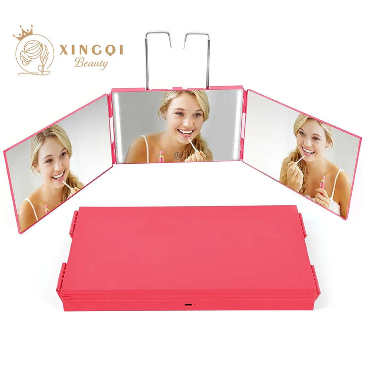 Rectangle trifold vanity mirror led lighted adjustable hair cutting  3 way salon hairstyling mirror for self hair cutting 360