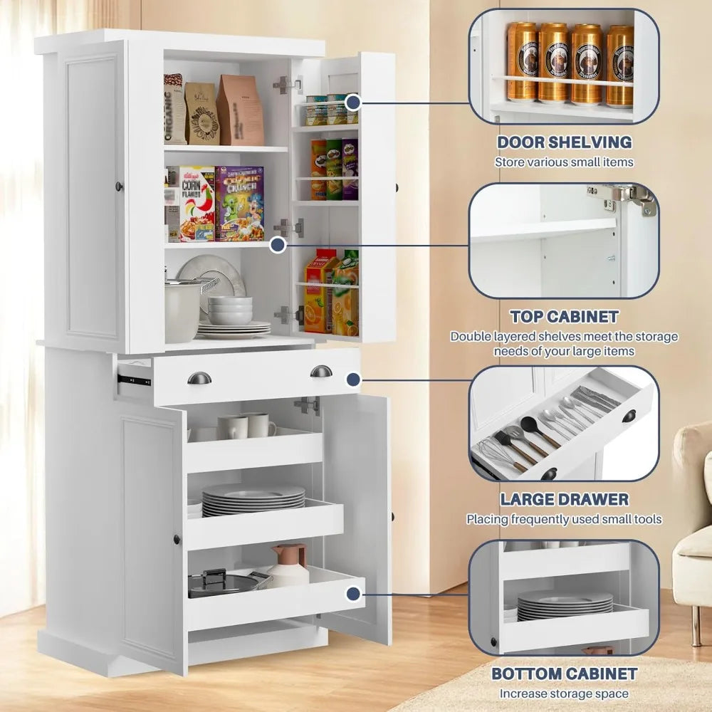 72.4" Kitchen Pantry Cabinet, Tall Storage Cabinet with Pull-Out Shelf Board and Drawer, Freestanding Cupboard with Ad