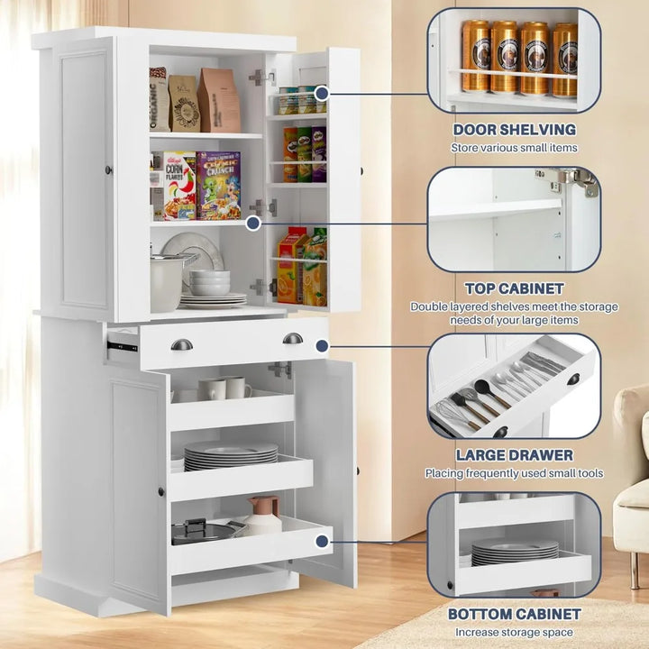 72.4" Kitchen Pantry Cabinet, Tall Storage Cabinet with Pull-Out Shelf Board and Drawer, Freestanding Cupboard with Ad