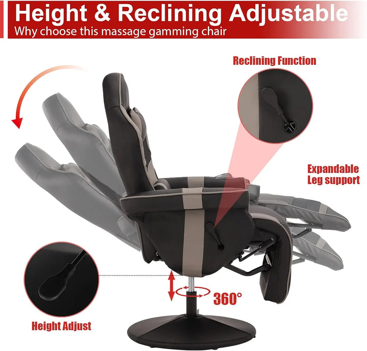 Massage Video Gaming Recliner Chair - Ergonomic Backrest & Seat Height Adjustment Swivel Recliner - PU Leather High Back