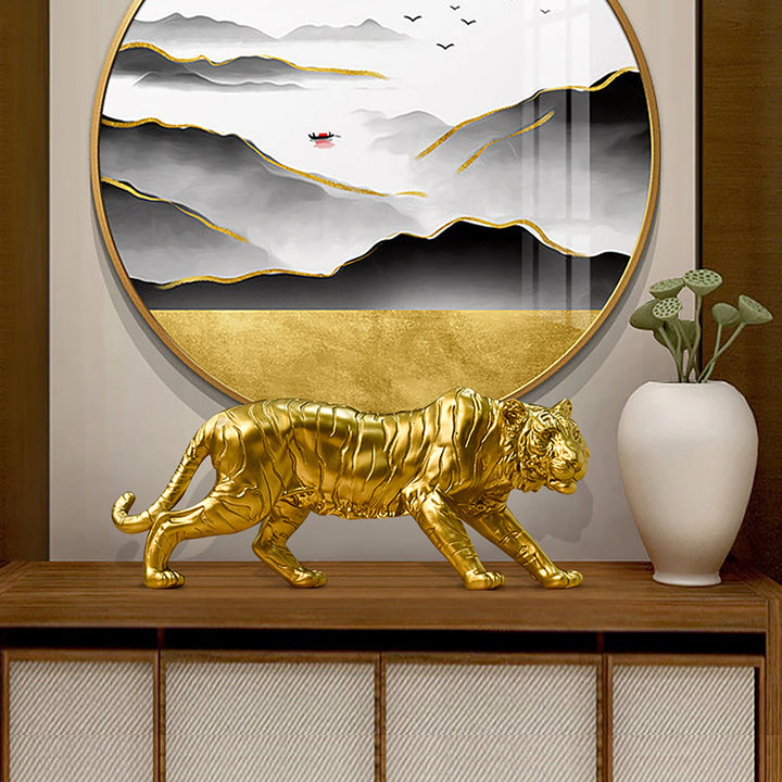 Resin Tiger Casting Animal Figurine Ornaments Gold 3D Tiger Animal Statue Christmas Gift Collectibles for Home TV Cabinet Decor