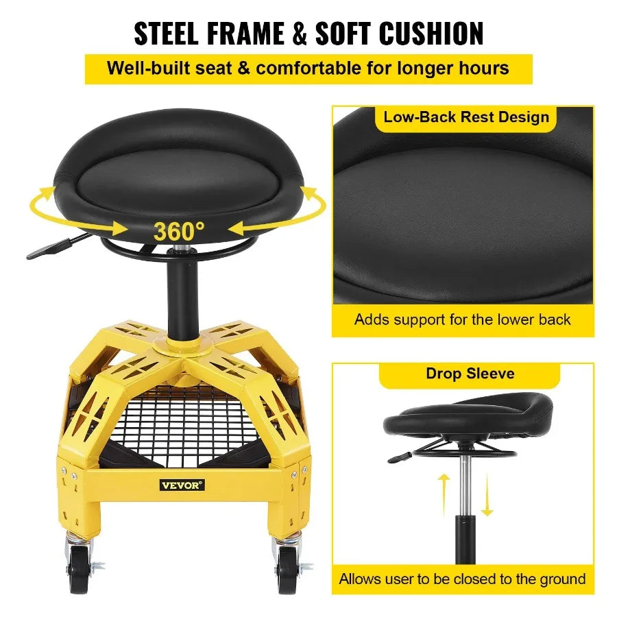 Rolling Garage Stool 300LBS Capacity Adjustable Height from 24 in to 28.7 in Mechanic Seat with 360degree Swivel Wheels and To