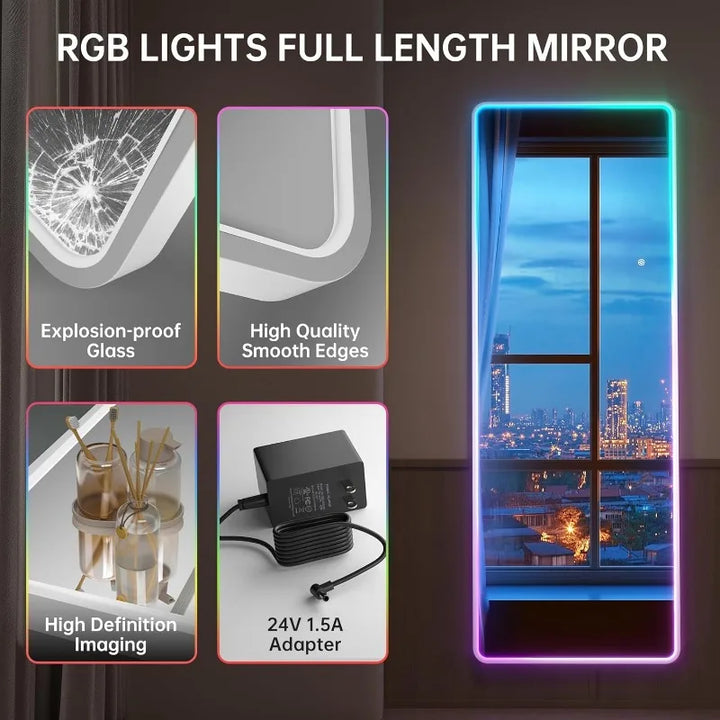 73"x28" LED Full Length Mirror with Stand, Full Body Mirror with Bluetooth Speaker, Light up Floor Mirror, Wall Mirror Fu