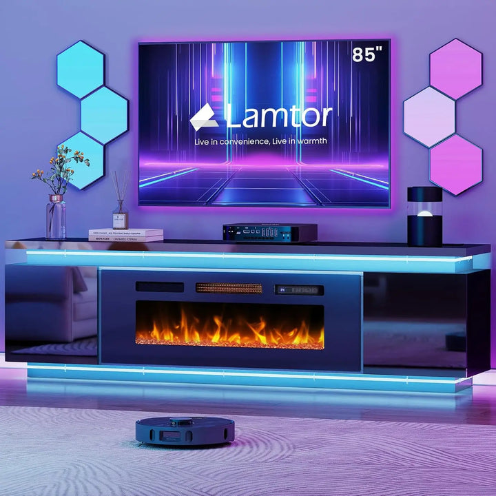 Fireplace TV-Stand for 85 inch TVs - TV-Stand with 40" Fireplace - Entertainment Center with 2 RGB LED Lights and 4 AC Power