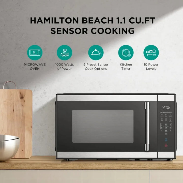 Hamilton Beach 1.1 Cu ft Countertop Microwave Oven, White and Stainless Steel