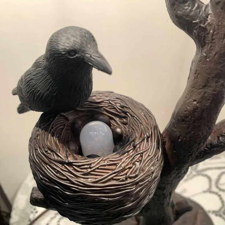 L10968 Raven Sitting on Bare Tree Branch in Full Moon Night Tiffany Style Stained Glass Table Lamp for Home Decor (Dark Bl