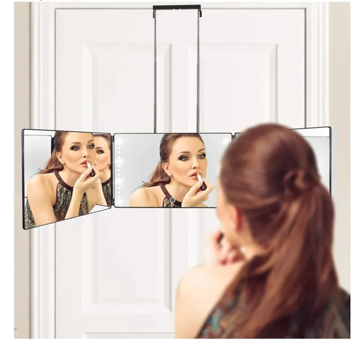 Rectangle trifold vanity mirror led lighted adjustable hair cutting  3 way salon hairstyling mirror for self hair cutting 360