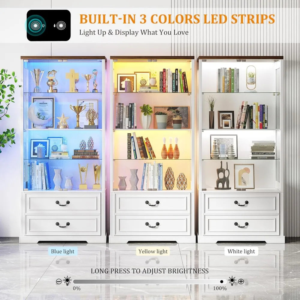 Display Cabinet with Glass Doors,67" Adjustable Display Shelf with 2 Drawers and 4 Tier Curio Cabinet,Tall Bookcase with 3 Color