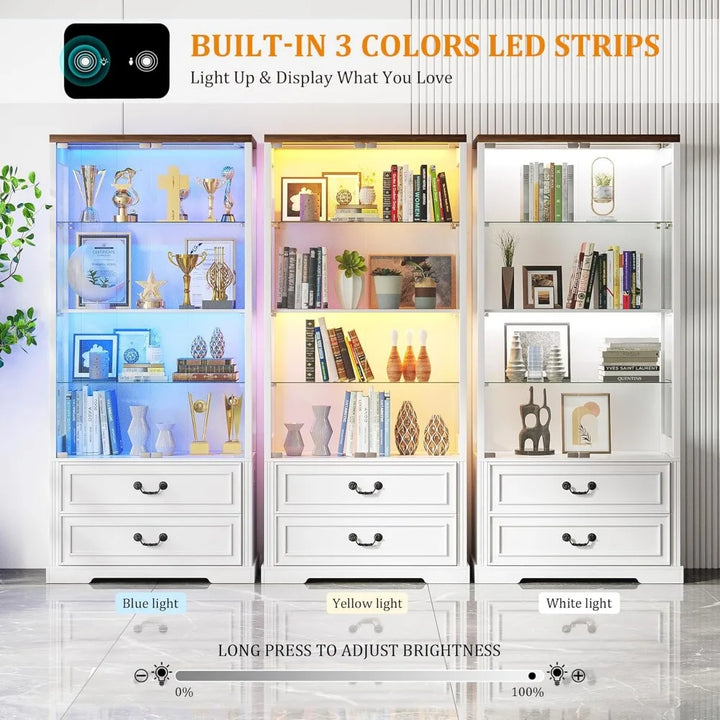 Display Cabinet with Glass Doors,67" Adjustable Display Shelf with 2 Drawers and 4 Tier Curio Cabinet,Tall Bookcase with 3 Color