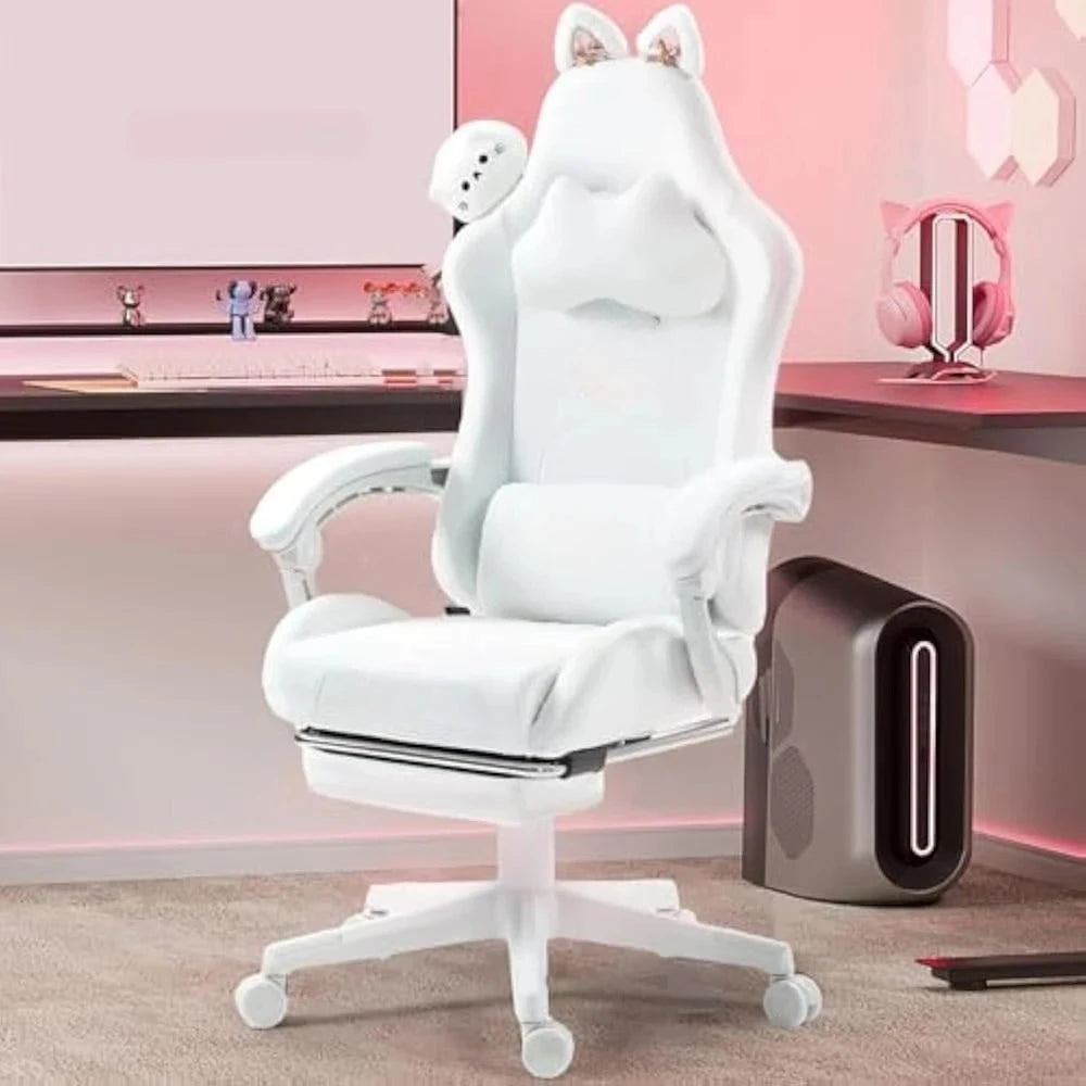 Gaming Chair Cute with Cat Ears and Massage Lumbar Support, Ergonomic Computer Chairs with Footrest and Headrest, Gaming Chair