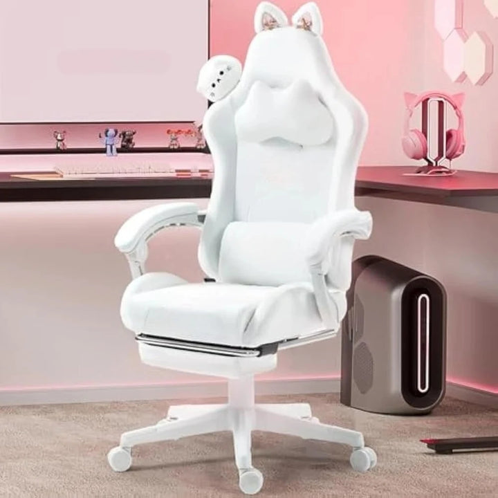 Gaming Chair Cute with Cat Ears and Massage Lumbar Support, Ergonomic Computer Chairs with Footrest and Headrest, Gaming Chair