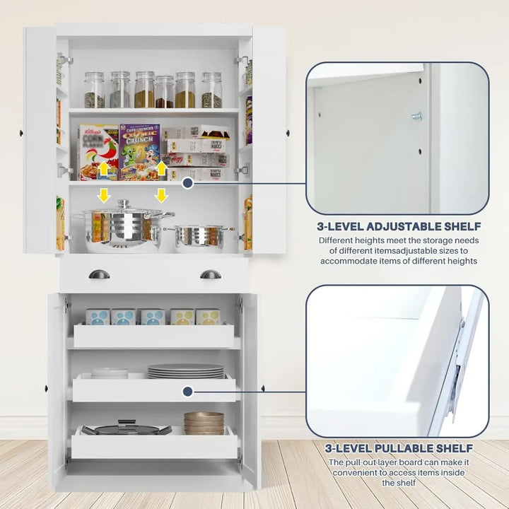 72.4" Kitchen Pantry Cabinet, Tall Storage Cabinet with Pull-Out Shelf Board and Drawer, Freestanding Cupboard with Ad