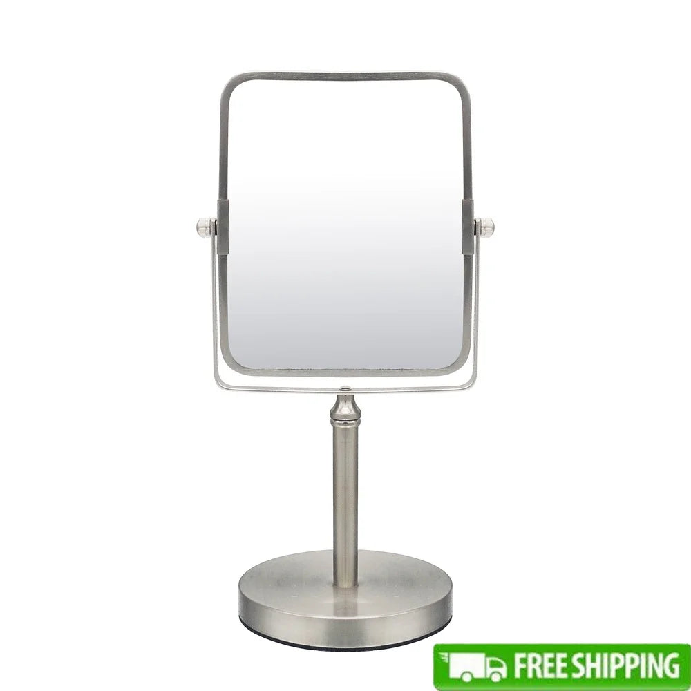 Freestanding Two Sided Makeup Shaving Mirror 1X 5X Dual Magnification Polished Metal Clear Distortion Free Perfect Precision