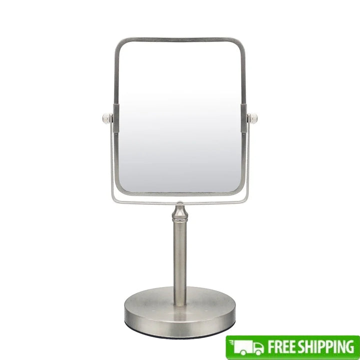 Freestanding Two Sided Makeup Shaving Mirror 1X 5X Dual Magnification Polished Metal Clear Distortion Free Perfect Precision