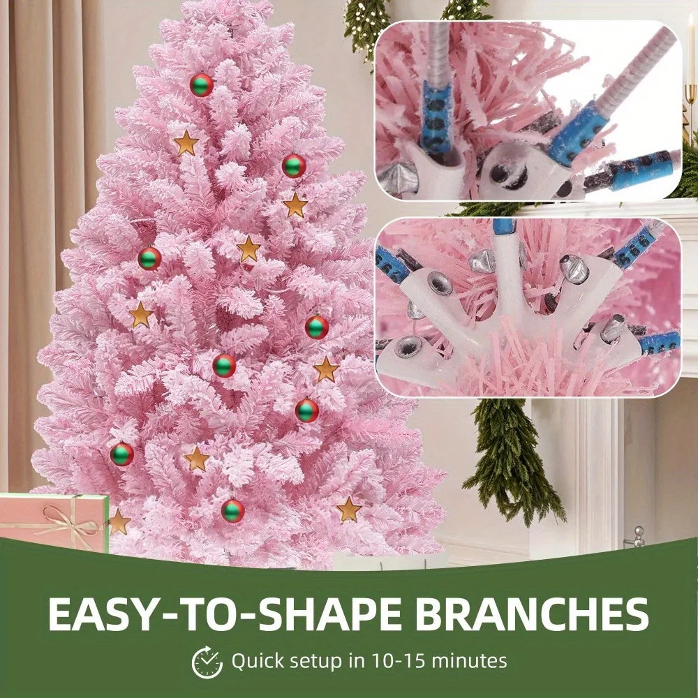 4.5ft Pre-Lit Pink Artificial Christmas Tree, Flocked Spruce Artificial Christmas Tree with 400 PVC Tips and 200 Lights, Pink