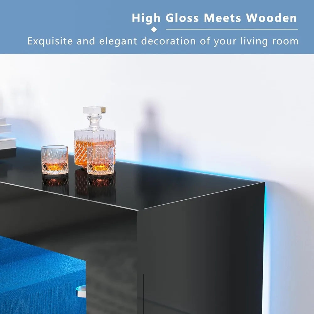 70" Fireplace TV Stand for TVs Up to 75", High Gloss Entertainment Center with 36" Electric Fireplace Heater, 7 Color LED Strip