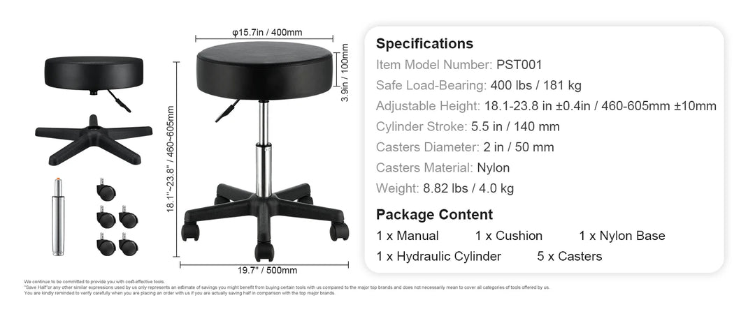 SucceBuy Rolling Round Stool 40cm Diameter w/ 5 Swivel Casters 360° Rotation Height Adjustable Round Stool for Bar Salon Office