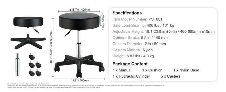 SucceBuy Rolling Round Stool 40cm Diameter w/ 5 Swivel Casters 360° Rotation Height Adjustable Round Stool for Bar Salon Office