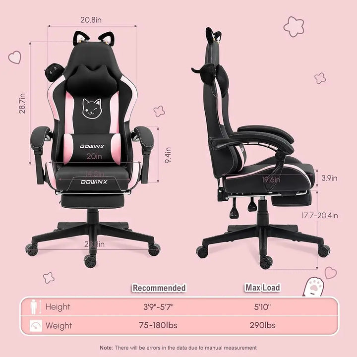 Gaming Chair Cute with Cat Ears and Massage Lumbar Support, Ergonomic Computer Chairs with Footrest and Headrest, Gaming Chair