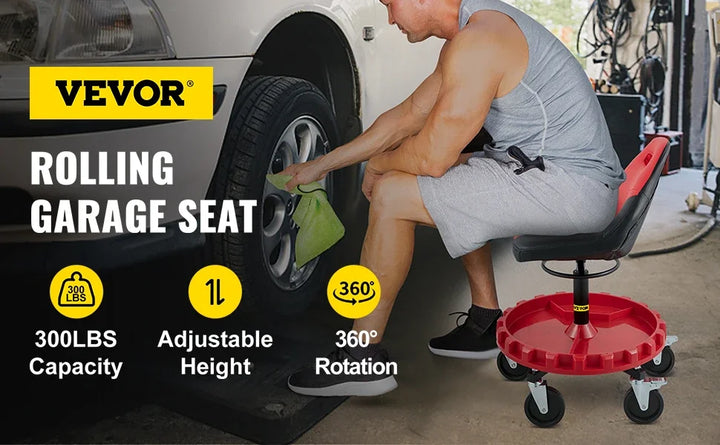 Rolling Garage Stool 300LBS Capacity 21"-26" Adjustable Height Range Mechanic Seat with Swivel Casters and Tool Tray