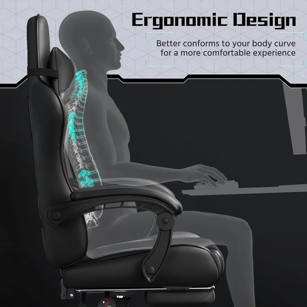 Gaming Chair, Video Game Chair with Massage Lumbar Support and Footrest Height Adjustable Ergonomic Computer Chair with Swivel