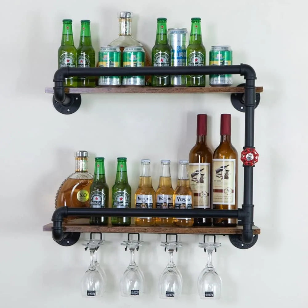 Wall-Mounted 2-Tier Mini Bar Shelf with Glass Holder for Small Liquor Storage, Industrial Rustic Style