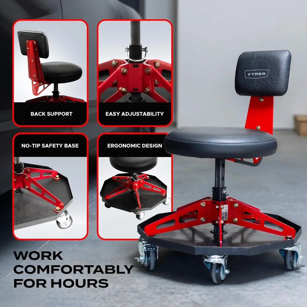 Steel Sport Shop Chair for Mechanics, Automotive, DIY - 300 lb Capacity Garage Stool with Backrest & Large Wheels