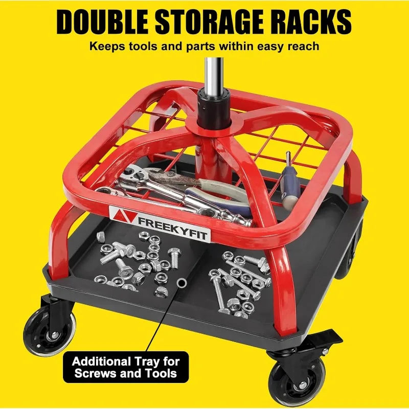 Shop Stool with Wheels, Garage Work Mechanic Stool with Backrest, Roller Mechanic Chair, Adjustable Height, 360° Swivel,