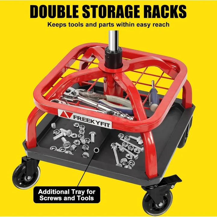 Shop Stool with Wheels, Garage Work Mechanic Stool with Backrest, Roller Mechanic Chair, Adjustable Height, 360° Swivel,