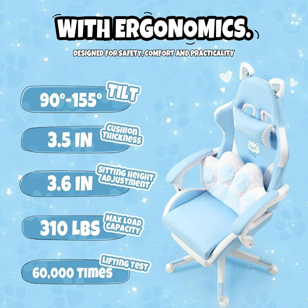 Cute Gaming Chair with Cat Paw Lumbar Cushion and Cat Ears, Ergonomic Computer Chair with Footrest, Reclining PC Game Chair for