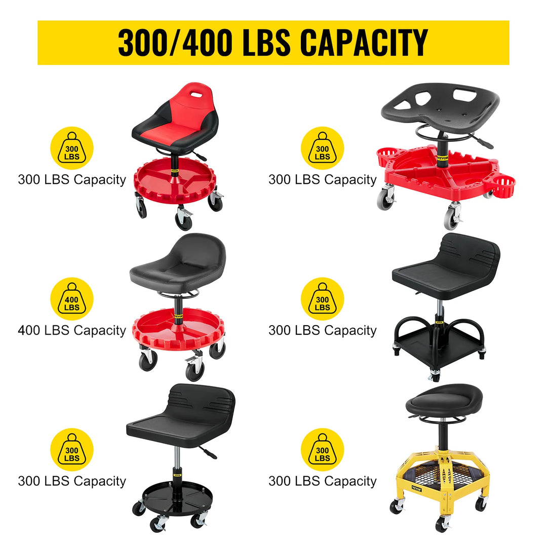 SucceBuy Rolling Garage Stool Car Detailing Stool Adjustable Height Mechanic Seat With Tool Tray Workshop Auto Repair Shop Stool