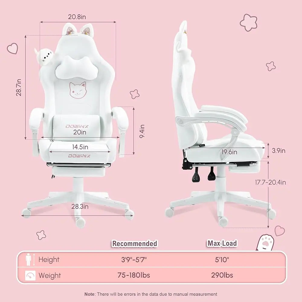 Gaming Chair Cute with Cat Ears and Massage Lumbar Support, Ergonomic Computer Chairs with Footrest and Headrest, Gaming Chair