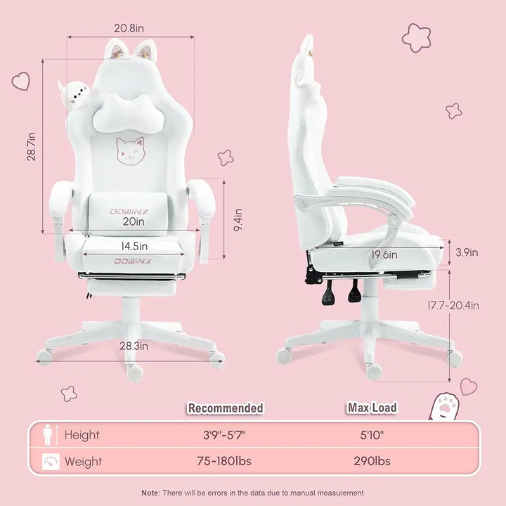 Gaming Chair Cute with Cat Ears and Massage Lumbar Support, Ergonomic Computer Chairs with Footrest and Headrest, Gaming Chair