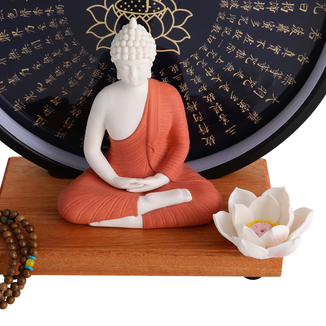 Ceramic Meditating Figurine for Home Décor with Circle LED Lamp – Decorative Sculpture